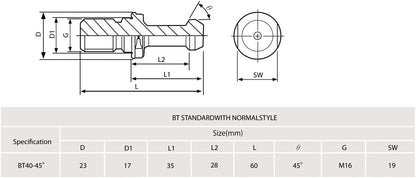 K-Gualda BT40 MAS-1 Pull stud 45° for milling tool holder