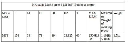 K-Gualda Morse Taper 3 MT3X3"(78mm) Bull Nose Live Revolving Center for Lathe