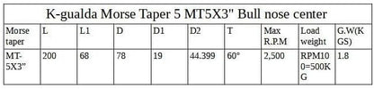 K-Gualda Morse Taper 5 MT5X3"(78mm) Bull Nose Live Revolving Center for Lathe